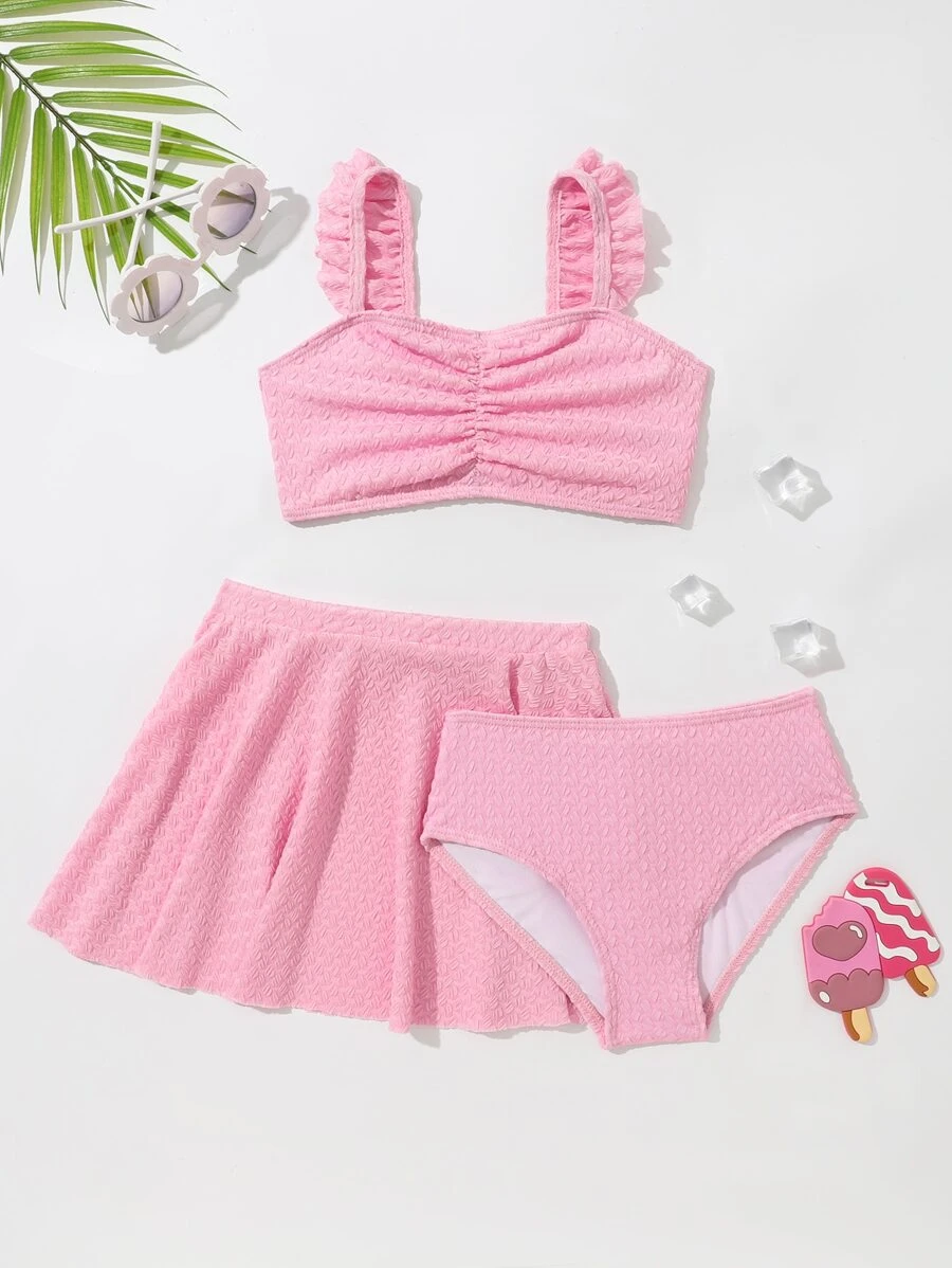 Young Girl Ruched Frill Trim Bikini Set With Beach Skirt Summer Beach - Baby Pink - View 1