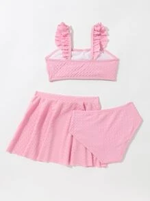 Young Girl Ruched Frill Trim Bikini Set With Beach Skirt Summer Beach - Baby Pink - View 2
