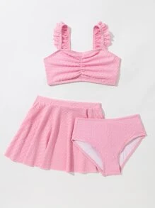 Young Girl Ruched Frill Trim Bikini Set With Beach Skirt Summer Beach - Baby Pink - View 3