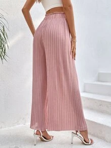 SHEIN VCAY Quần nữ viền lá sen Xếp li màu trơn Giải trí - Bụi hồng - Xem 2