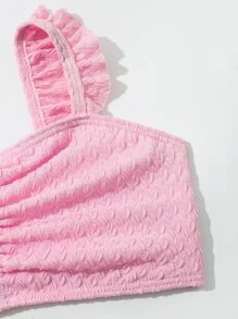 Young Girl Ruched Frill Trim Bikini Set With Beach Skirt Summer Beach - Baby Pink - View 4