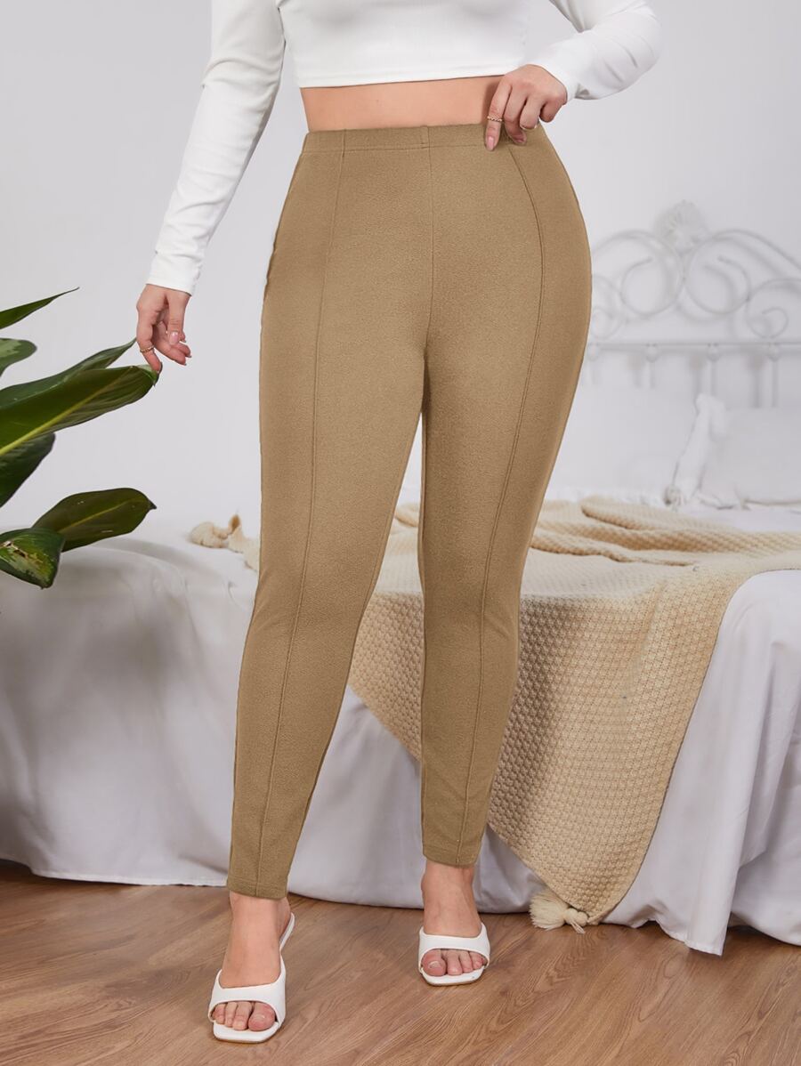 SHEIN LUNE Quần Plus Size màu trơn Giải trí - Màu Khaki - Xem 1