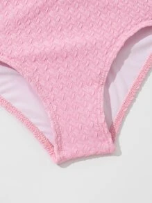 Young Girl Ruched Frill Trim Bikini Set With Beach Skirt Summer Beach - Baby Pink - View 5