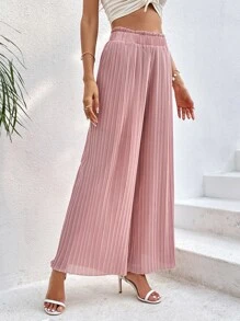 SHEIN VCAY Quần nữ viền lá sen Xếp li màu trơn Giải trí - Bụi hồng - Xem 4