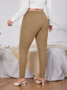 SHEIN LUNE Quần Plus Size màu trơn Giải trí - Màu Khaki - Xem 2