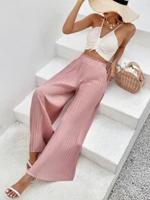 SHEIN VCAY Quần nữ viền lá sen Xếp li màu trơn Giải trí - Bụi hồng - Xem 5