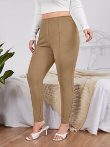 SHEIN LUNE Quần Plus Size màu trơn Giải trí - Màu Khaki - Xem 5