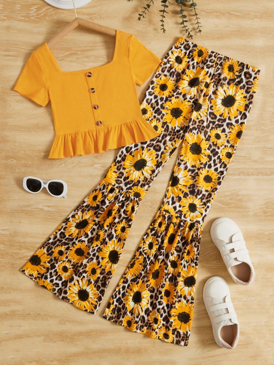 SHEIN Teen Girls Ruffle Hem Tee & Floral Print Flare Leg Trousers - Multicolor - View 1