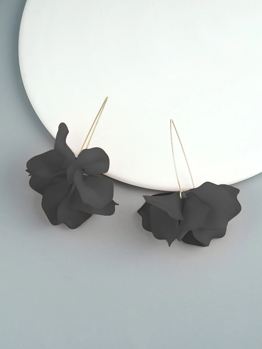 Flower Decor Stud Earrings - Black - View 1