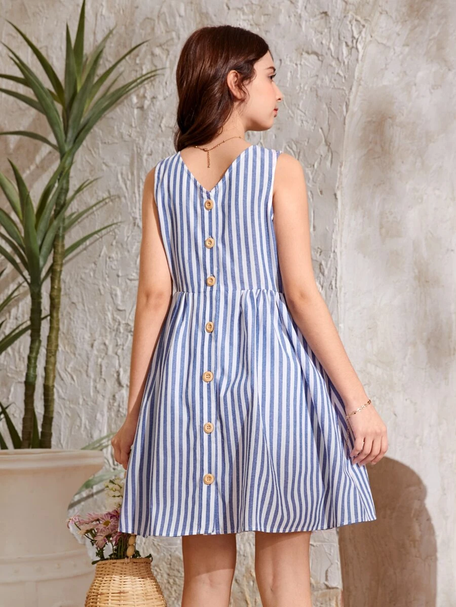 SHEIN Leap Crew Teen Girls Striped Button Back Dress - Blue and White - View 1