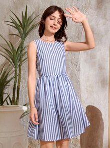 SHEIN Leap Crew Teen Girls Striped Button Back Dress - Blue and White - View 4