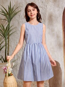 SHEIN Leap Crew Teen Girls Striped Button Back Dress - Blue and White - View 5