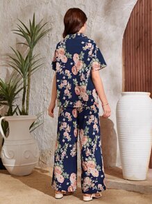 SHEIN Teen Girls Floral Print Shirt & Wide Leg Pants & Tee