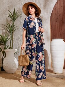 SHEIN Teen Girls Floral Print Shirt & Wide Leg Pants & Tee