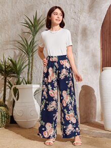SHEIN Teen Girls Floral Print Shirt & Wide Leg Pants & Tee