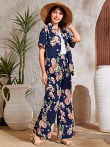 SHEIN Teen Girls Floral Print Shirt & Wide Leg Pants & Tee