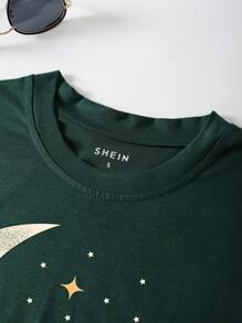 SHEIN LUNE Áo thun nữ Hoa Thiên hà Giải trí - Màu xanh lá cây đậm - Xem 3