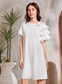 SHEIN Chicas adolescentes Vestido ribete con fruncido - Blanco - Ver 3