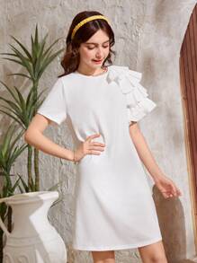 SHEIN Chicas adolescentes Vestido ribete con fruncido - Blanco - Ver 6