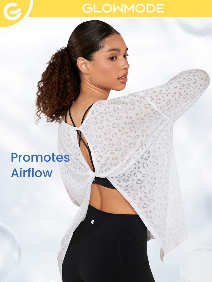 GLOWMODE 豹紋削洞露背運動白色t恤