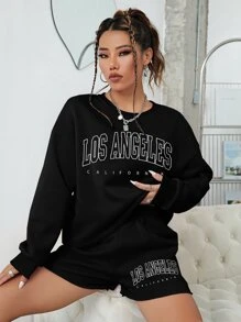 INAWLY Letter Graphic Drop Shoulder Sweatshirt & Track Shorts Fall Cloth For Women - Black - View 4