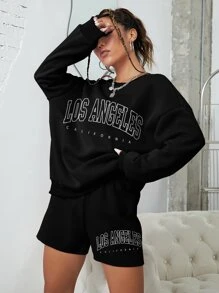 INAWLY Letter Graphic Drop Shoulder Sweatshirt & Track Shorts Fall Cloth For Women - Black - View 5