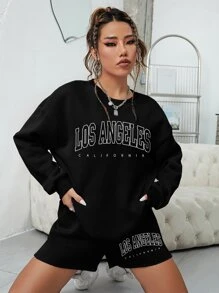 INAWLY Letter Graphic Drop Shoulder Sweatshirt & Track Shorts Fall Cloth For Women - Black - View 6