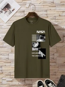 Men Astronaut And Letter Graphic Tee - Army Green - View 1