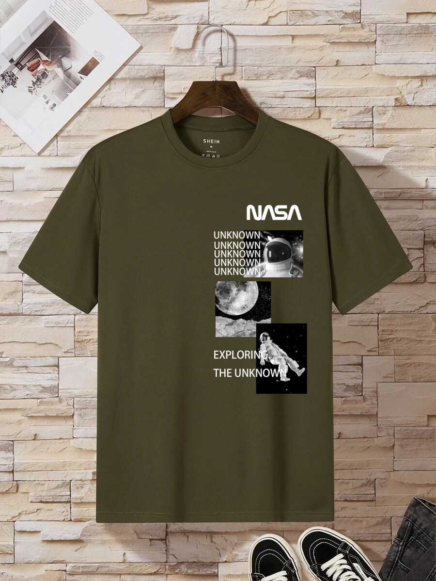 Men Astronaut And Letter Graphic Tee - Army Green - View 1