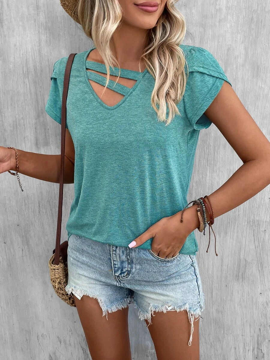 SHEIN LUNE Petal Sleeve Cut Out Front Tee - Mint Green - View 1