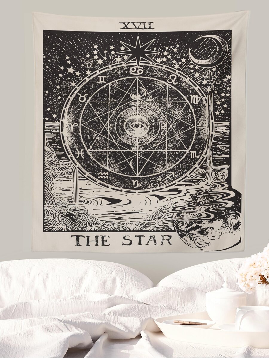 Tapiz con estampado de tarot, bandera para habitación, decoración de habitación, tapiz, decoración de pared - Blanco y Negro - Ver 1