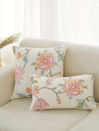 1pc Floral Embroidery Throw Pillow Cover, Home Decor For Living Room, Bedroom, Party, All-Season
