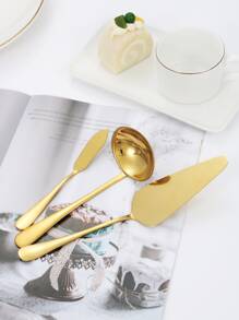 6pcs Stainless Steel Utensil Set For Buffet & Party Including Salad Serving Spoon, Fork, Soup Spoon, Skimmer, Butter Knife And Cake Shovel,Kitchen,Christmas Gift,School Supplies - Gold - View 5