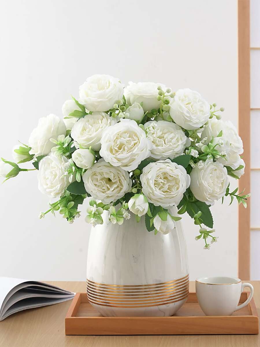 1pc Artificial Flower Bouquet, Faux Flower Bundle For Home Decor - White - View 1