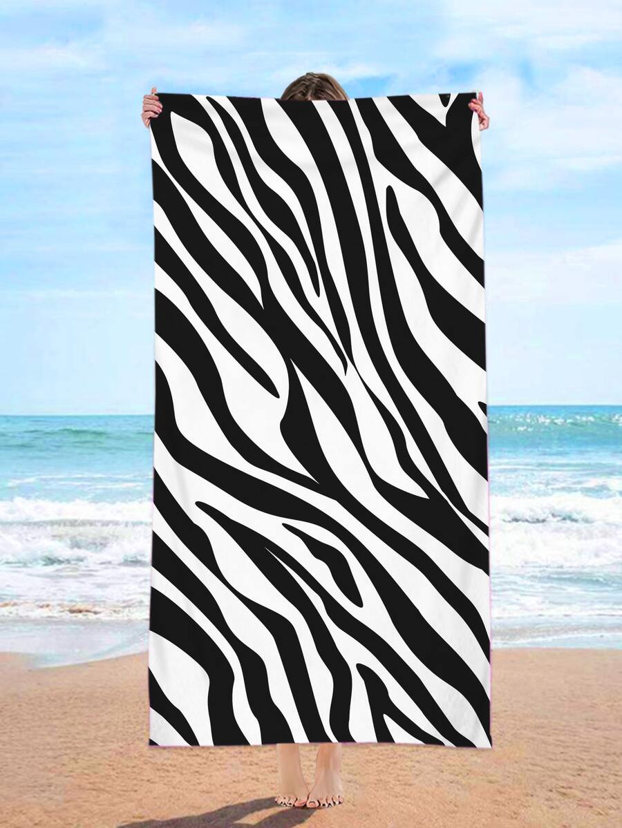 1 Khăn Đi Biển Họa Tiết Ngựa Vằn, Vải Hình Chữ Nhật Du Lịch Đi Biển Cho Bơi, Lặn, Mùa Hè - Đen và trắng - Xem 1