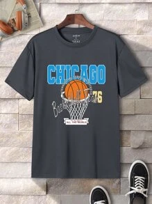 男士籃球和字母圖案T恤 - 深灰色 - 查看 1