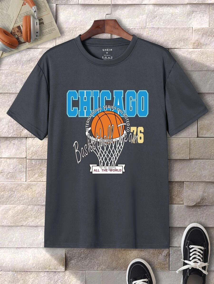 男士籃球和字母圖案T恤 - 深灰色 - 查看 1