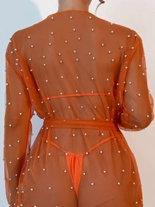 Women Kimonos Berikat Mutiara Sheer Polka Dot - Burnt Orange - View 2