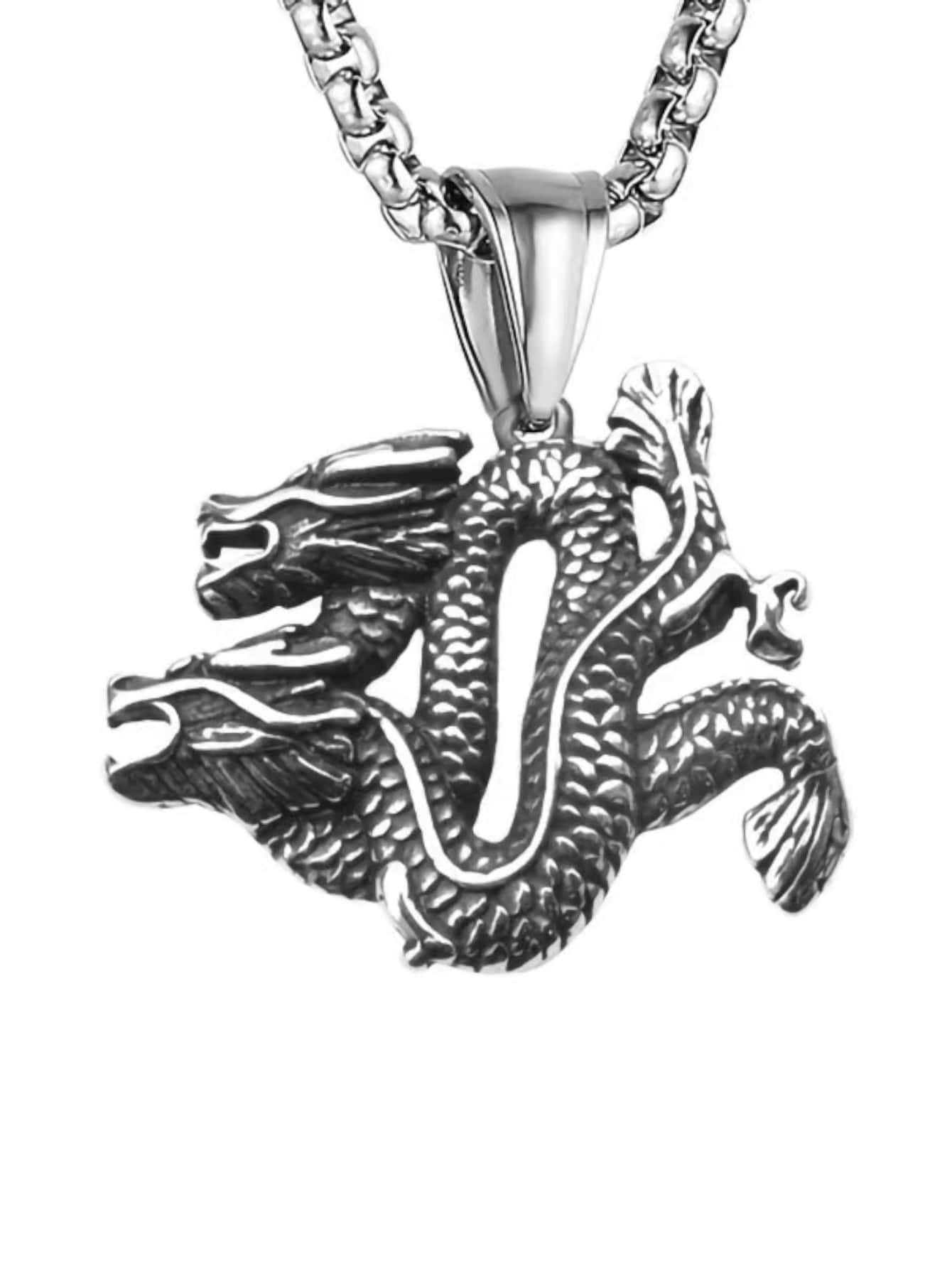 Chinese Dragon Pendant Necklace - Antique Silver - View 1