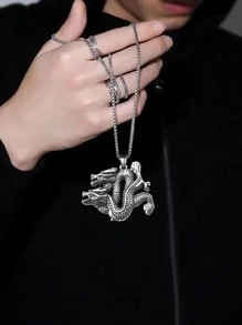 Chinese Dragon Pendant Necklace - Antique Silver - View 2