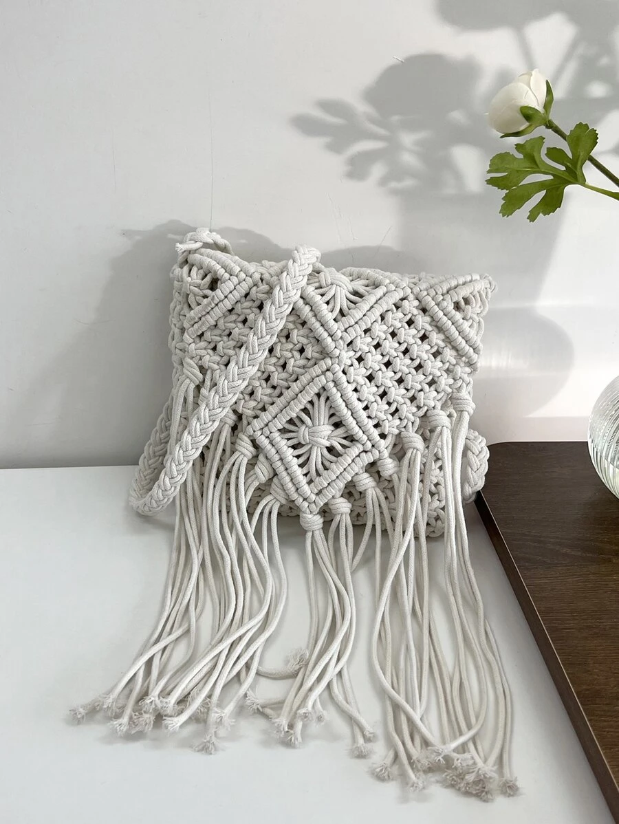 極簡流蘇裝飾鉤針編織袋 - 白色 - 查看 1