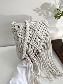 極簡流蘇裝飾鉤針編織袋 - 白色 - 查看 2