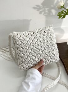 極簡流蘇裝飾鉤針編織袋 - 白色 - 查看 4