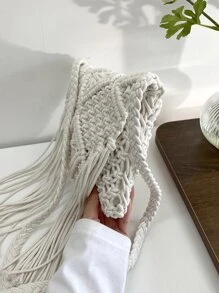 極簡流蘇裝飾鉤針編織袋 - 白色 - 查看 5