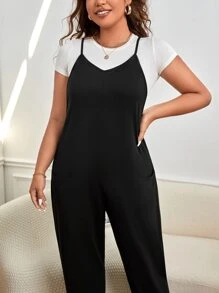 SHEIN Essnce 大碼素色吊帶連體褲不帶T恤 - 黑色 - 查看 4