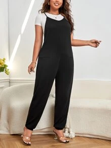 SHEIN Essnce 大碼素色吊帶連體褲不帶T恤 - 黑色 - 查看 5