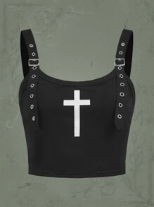 ROMWE Goth Áo khoác và áo lót dành cho xe tăng nữ Thùa khuyết Hình học Giải trí - màu đen - Xem 1