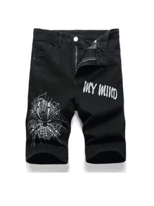 Men Letter Graphic Bermuda Denim Shorts - Black - View 1