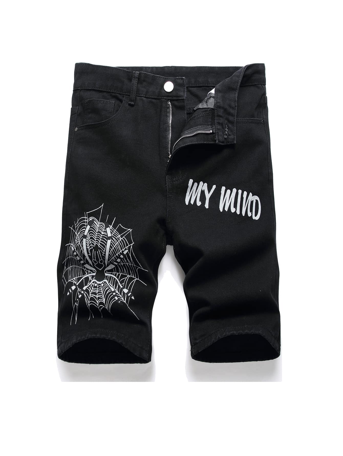 Men Letter Graphic Bermuda Denim Shorts - Black - View 1