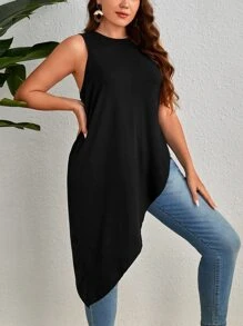 SHEIN Essnce Plus Solid Asymmetrical Hem Tank Top - Black - View 3